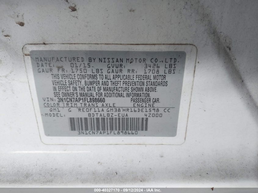 3N1CN7AP1FL898660 2015 Nissan Versa S/S Plus/Sv/Sl