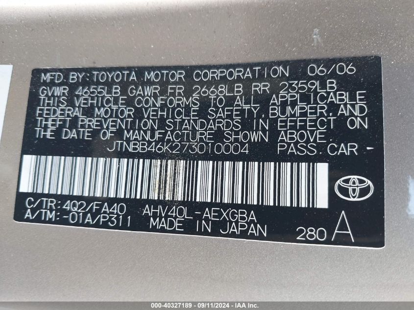 2007 Toyota Camry Hybrid VIN: JTNBB46K273010004 Lot: 40327189