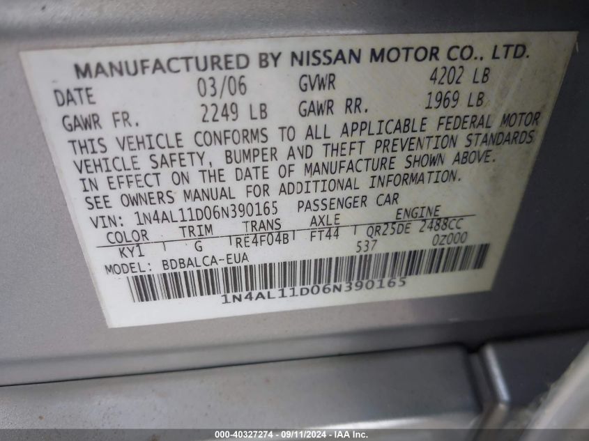 2006 Nissan Altima 2.5 S VIN: 1N4AL11D06N390165 Lot: 40327274