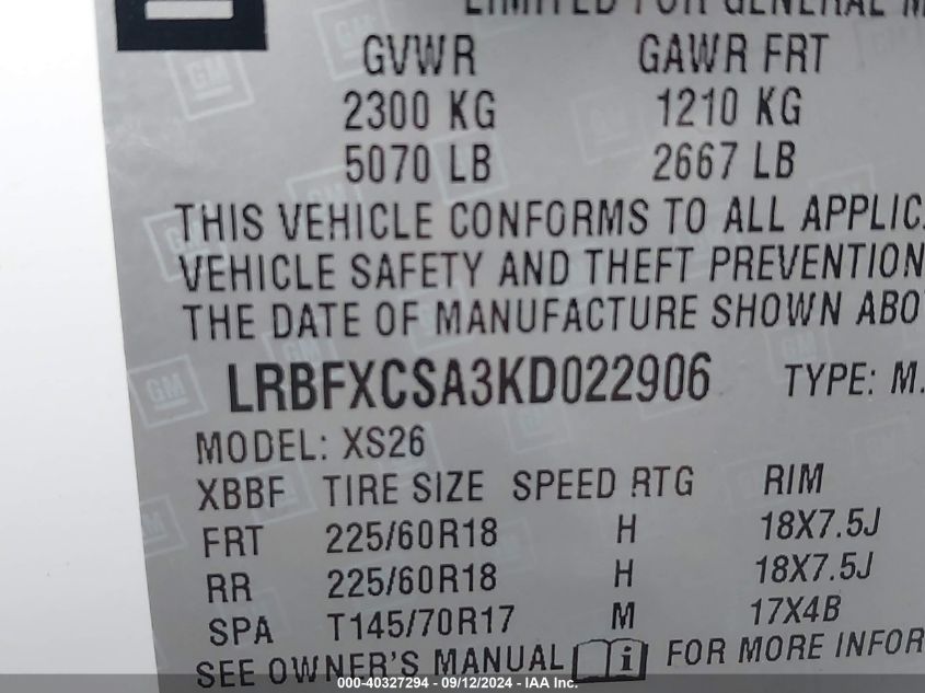 2019 Buick Envision Essence VIN: LRBFXCSA3KD022906 Lot: 40327294