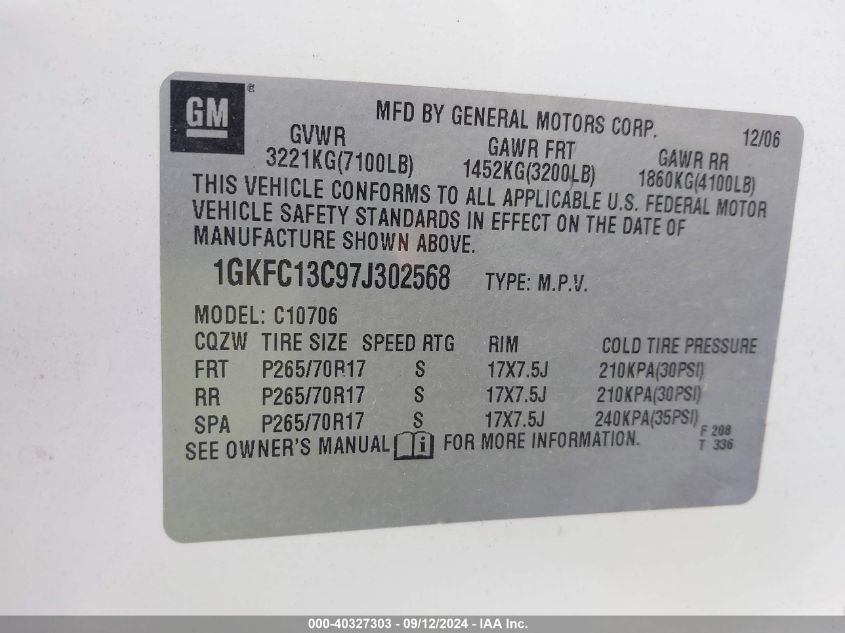 2007 GMC Yukon Commercial Fleet VIN: 1GKFC13C97J302568 Lot: 40327303