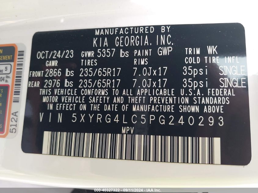 2023 Kia Sorento Lx VIN: 5XYRG4LC5PG240293 Lot: 40327322