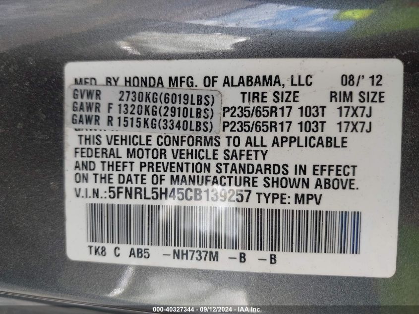 2012 Honda Odyssey Ex VIN: 5FNRL5H45CB139257 Lot: 40327344