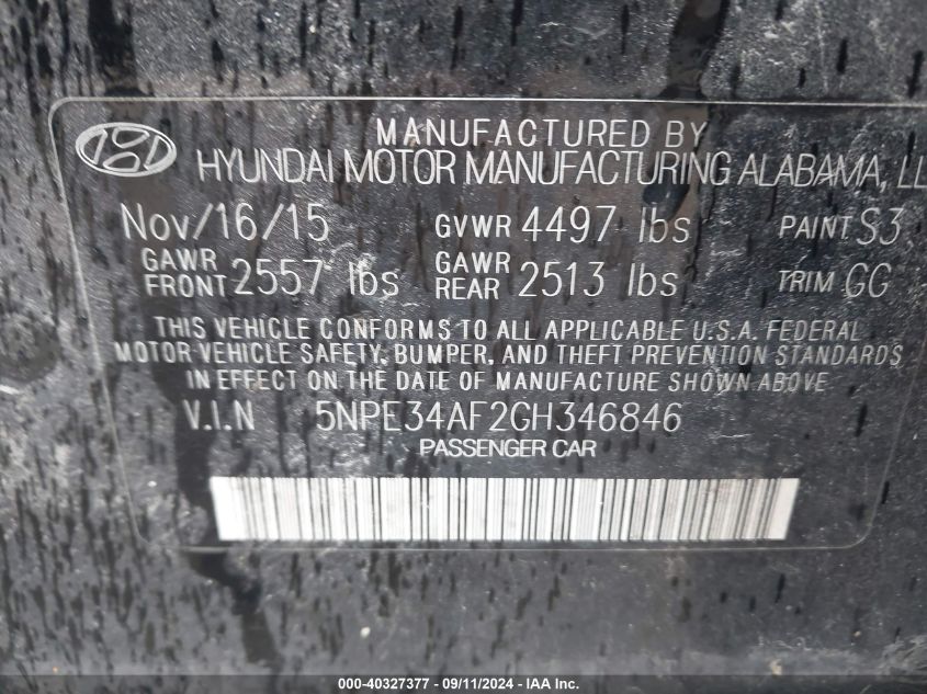 2016 Hyundai Sonata 2.4L Limited VIN: 5NPE34AF2GH346846 Lot: 40327377