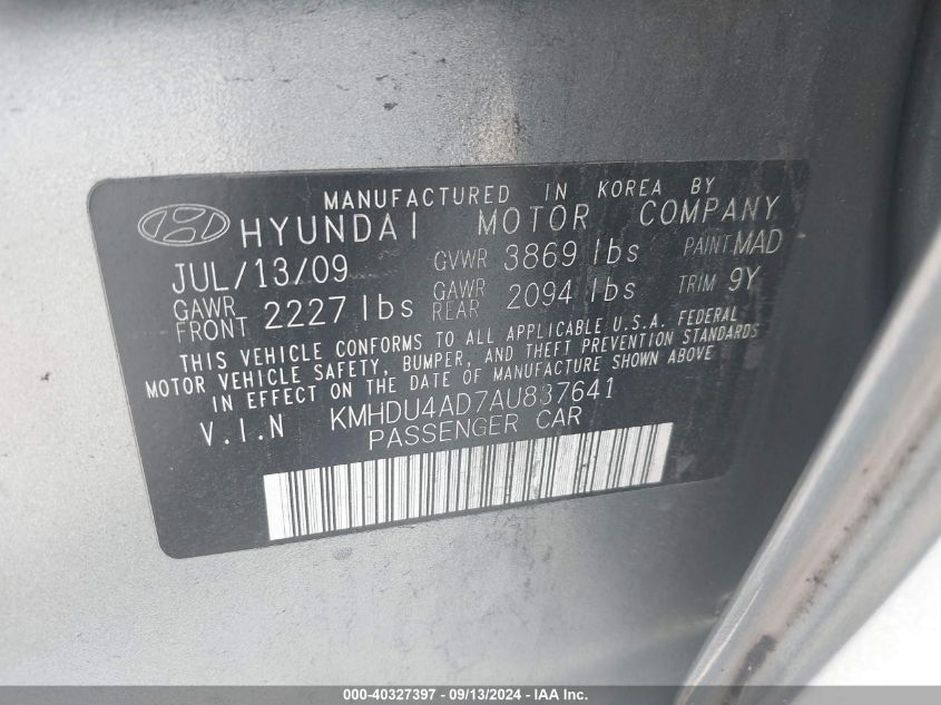 2010 Hyundai Elantra Blue/Gls/Se VIN: KMHDU4AD7AU837641 Lot: 40327397