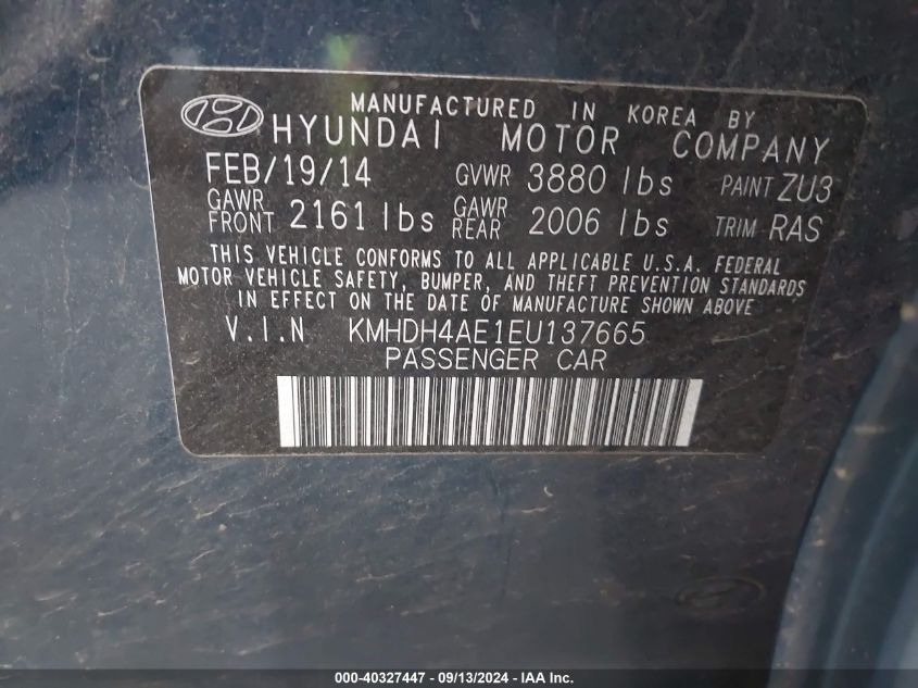 2014 Hyundai Elantra Se/Sport/Limited VIN: KMHDH4AE1EU137665 Lot: 40327447