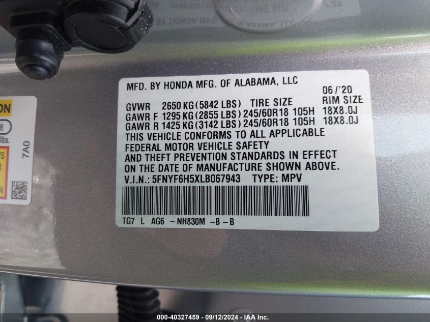 2020 Honda Pilot Ex-L VIN: 5FNYF6H5XLB067943 Lot: 40327459