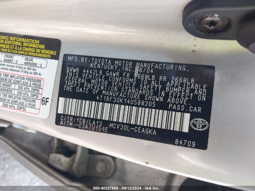 4T1BF30K14U588205 2004 Toyota Camry Le/Xle/Se