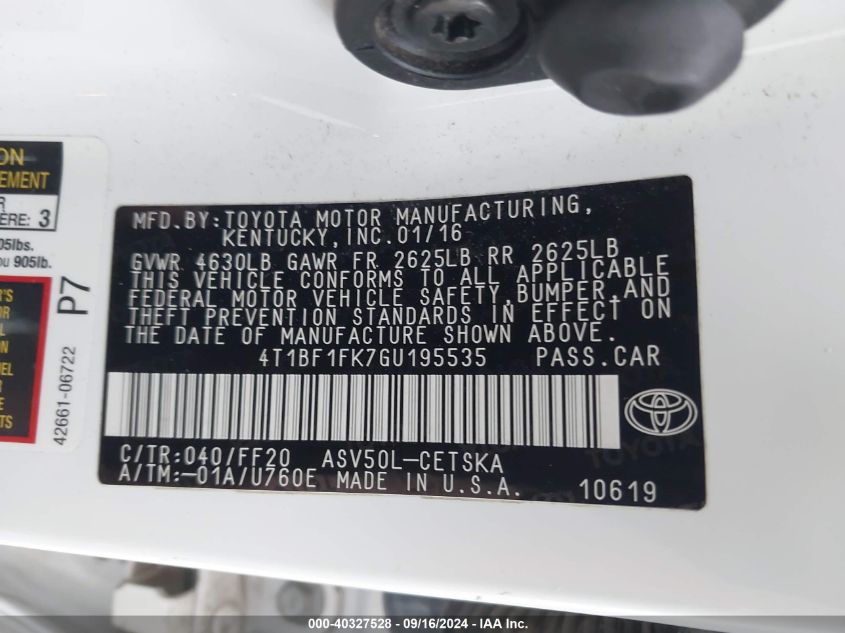 2016 Toyota Camry Le/Xle/Se/Xse VIN: 4T1BF1FK7GU195535 Lot: 40327528