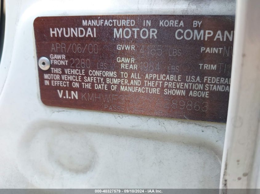 2000 Hyundai Sonata Gls V6 VIN: KMHWF35V7YA289863 Lot: 40327579