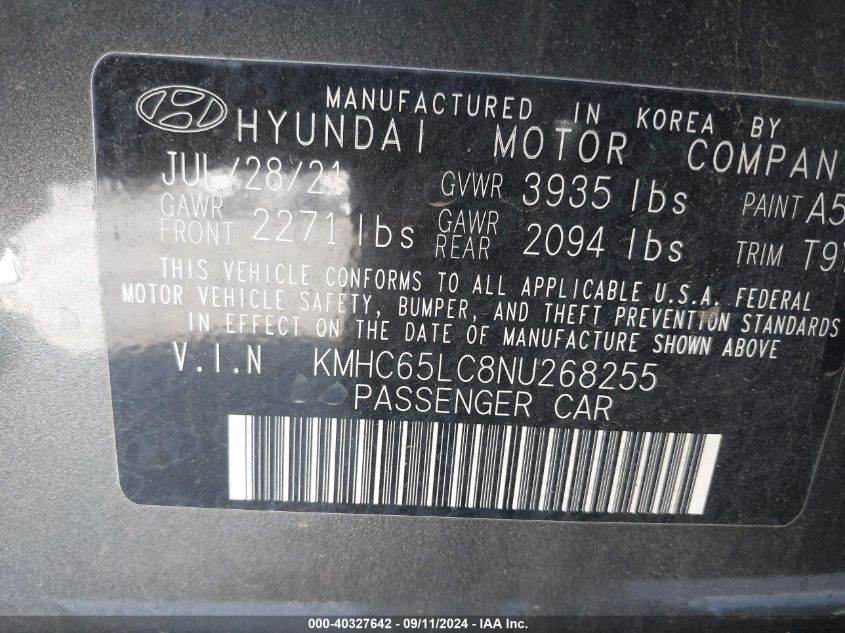 2022 Hyundai Ioniq Hybrid Blue VIN: KMHC65LC8NU268255 Lot: 40327642