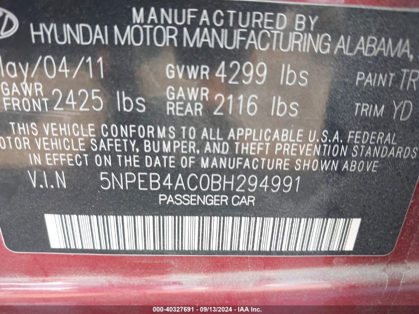 5NPEB4AC0BH294991 2011 Hyundai Sonata Gls