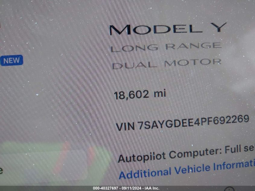 2023 Tesla Model Y Awd/Long Range Dual Motor All-Wheel Drive VIN: 7SAYGDEE4PF692269 Lot: 40327697