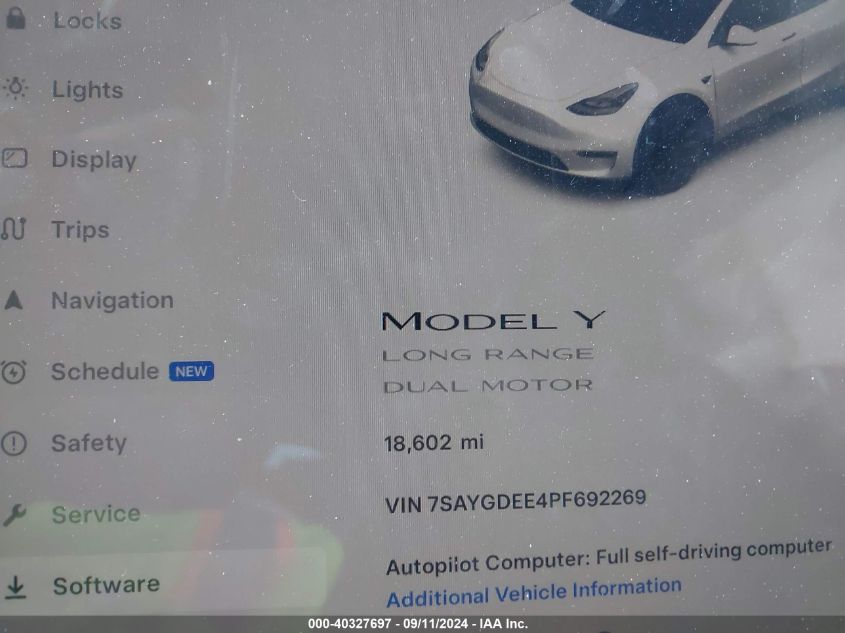 2023 Tesla Model Y Awd/Long Range Dual Motor All-Wheel Drive VIN: 7SAYGDEE4PF692269 Lot: 40327697