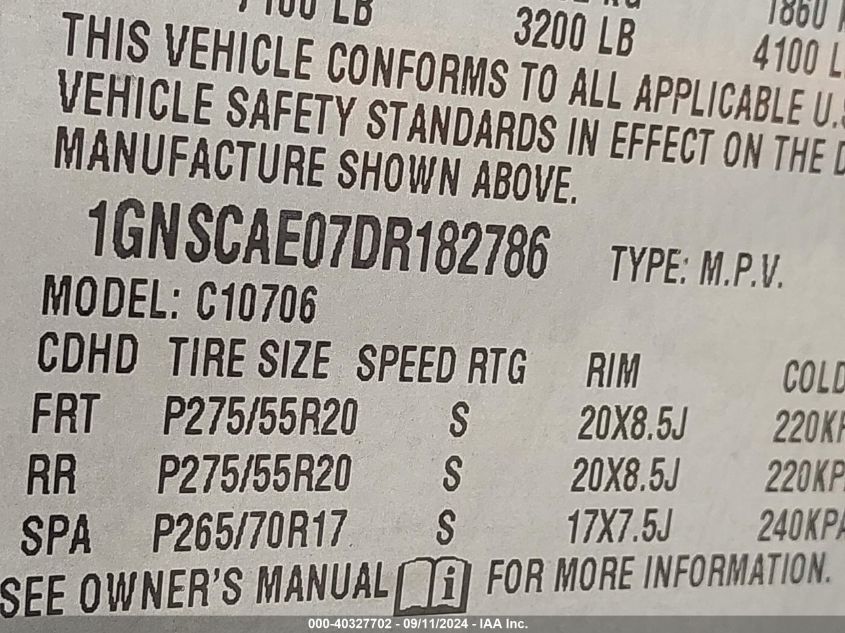 2013 Chevrolet Tahoe Ls VIN: 1GNSCAE07DR182786 Lot: 40327702