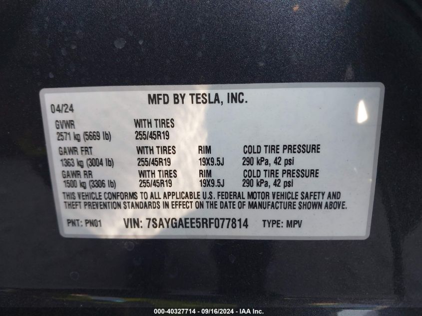 2024 Tesla Model Y VIN: 7SAYGAEE5RF077814 Lot: 40327714