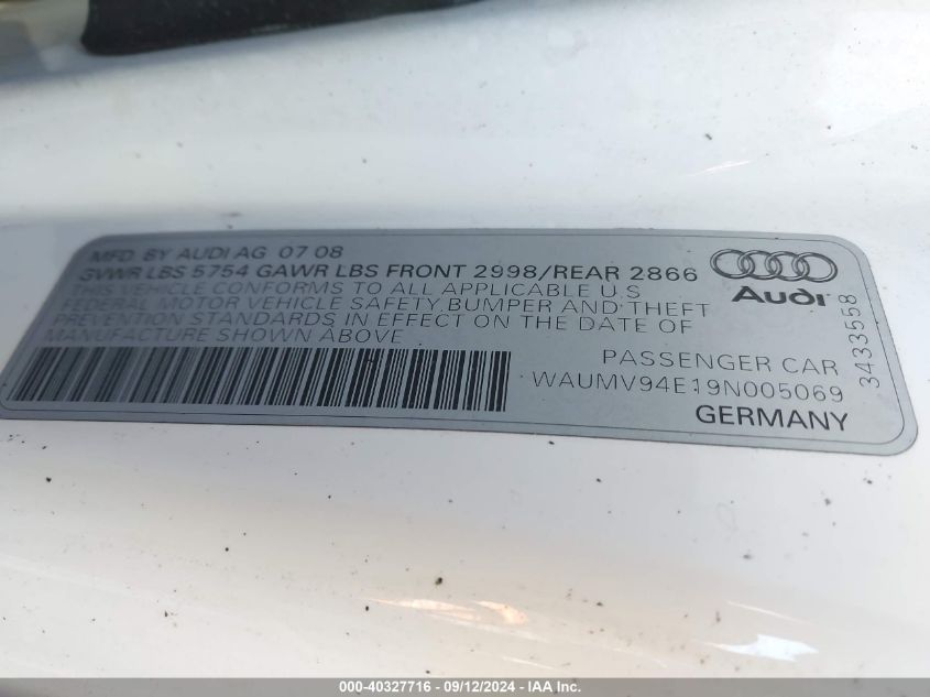 2009 Audi A8 L 4.2 VIN: WAUMV94E19N005069 Lot: 40327716