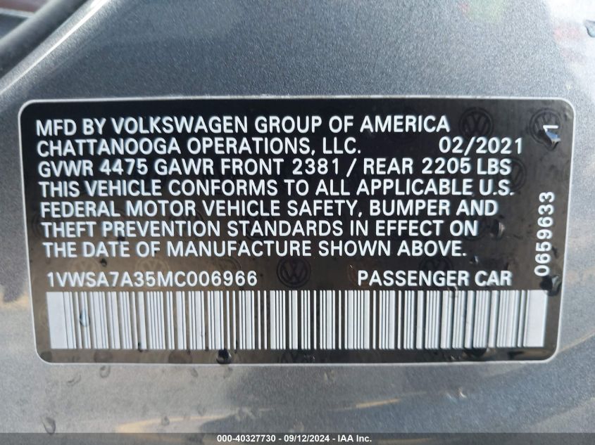 1VWSA7A35MC006966 2021 Volkswagen Passat Se