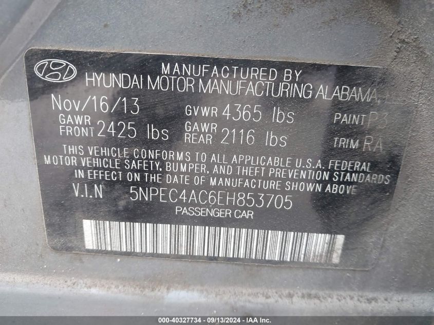 5NPEC4AC6EH853705 2014 Hyundai Sonata Se