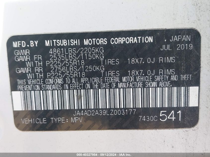 2020 Mitsubishi Outlander Es 2.4 VIN: JA4AD2A39LZ003177 Lot: 40327954