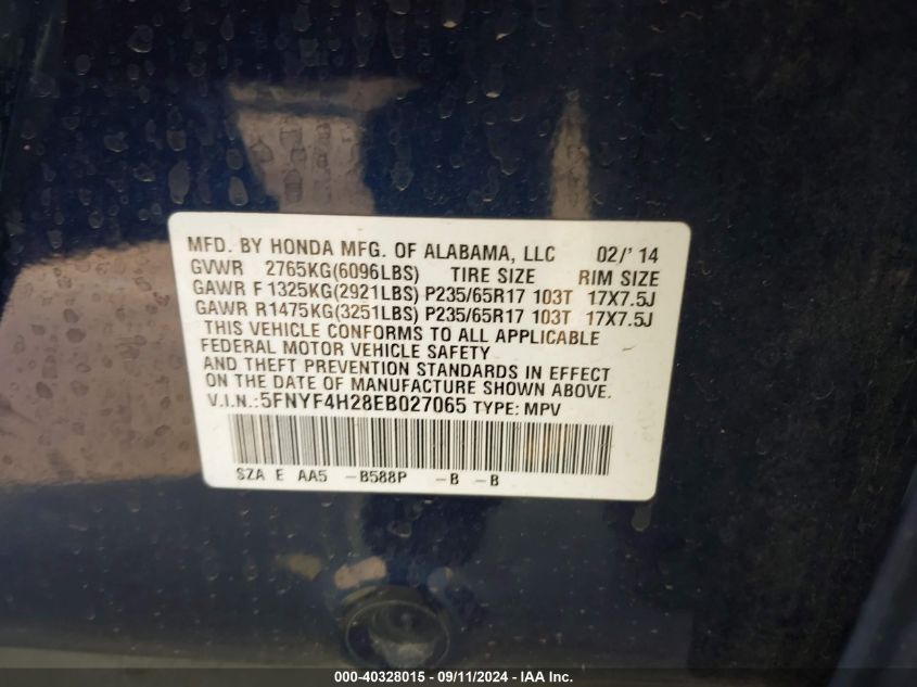 2014 HONDA PILOT LX - 5FNYF4H28EB027065