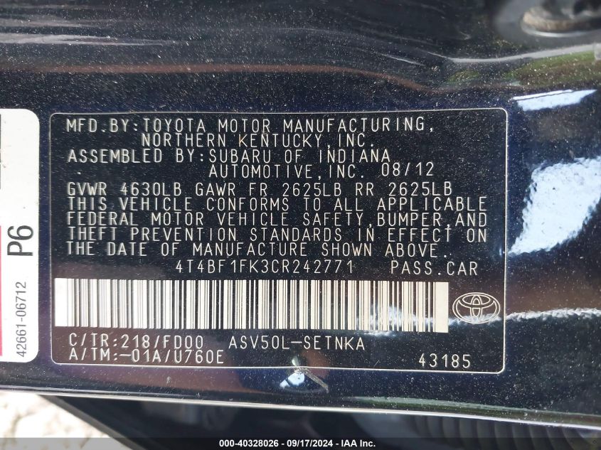 4T4BF1FK3CR242771 2012 Toyota Camry Se/Le/Xle