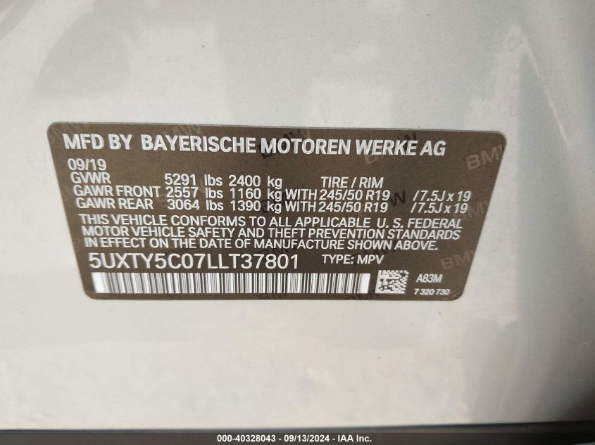 5UXTY5C07LLT37801 2020 BMW X3 xDrive30I