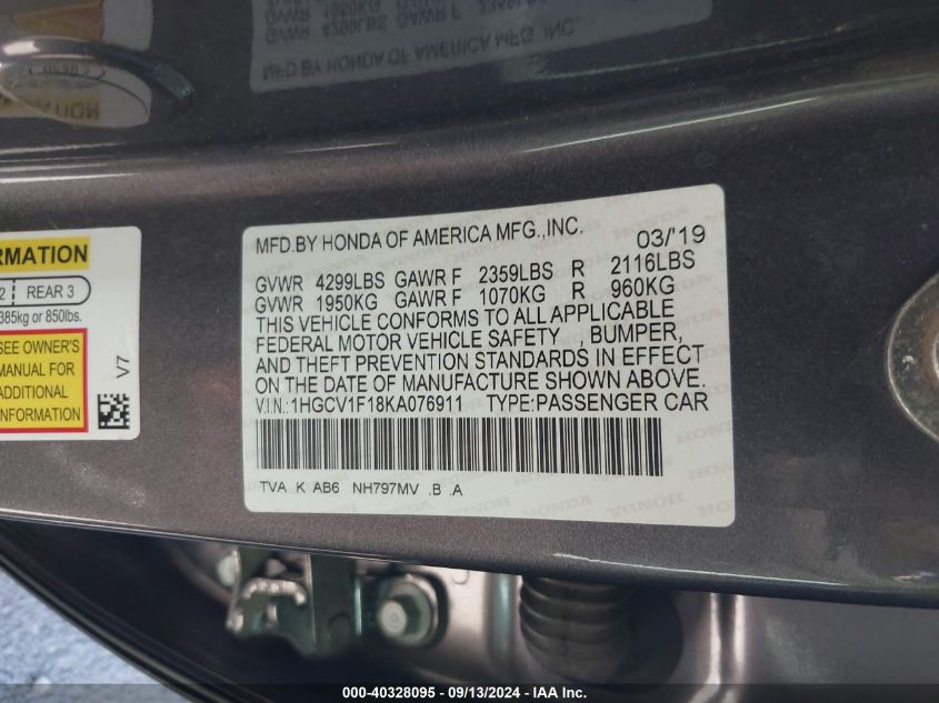 1HGCV1F18KA076911 2019 Honda Accord Lx