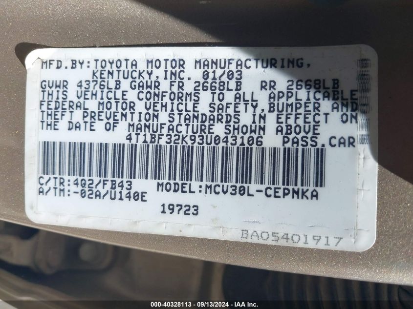 4T1BF32K93U043106 2003 Toyota Camry Le V6