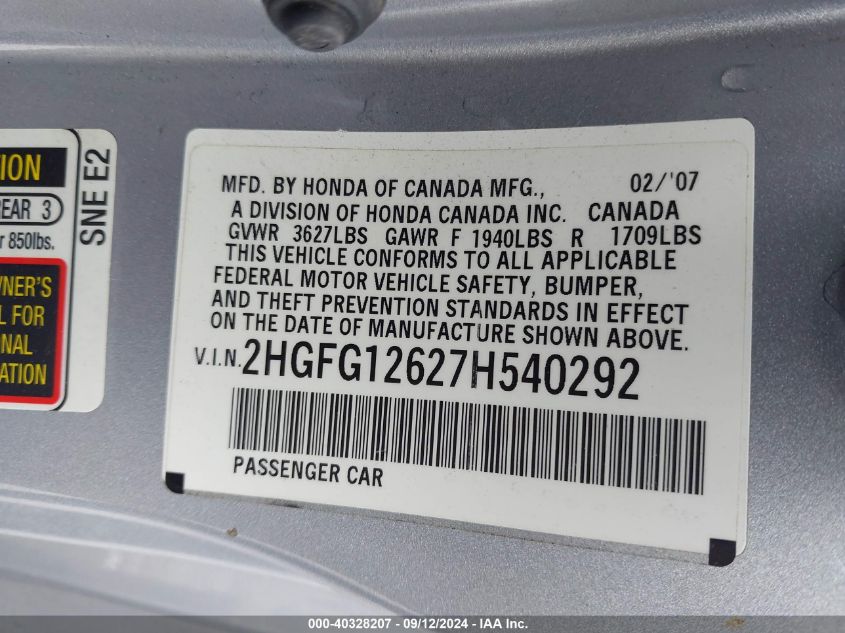 2007 Honda Civic Lx VIN: 2HGFG12627H540292 Lot: 40328207