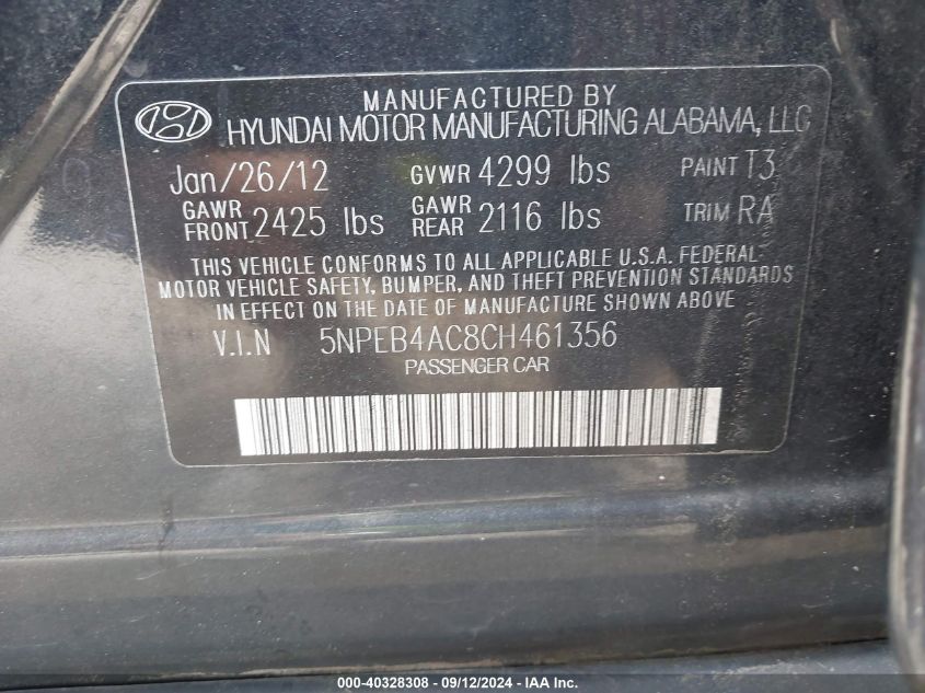 2012 Hyundai Sonata Gls VIN: 5NPEB4AC8CH461356 Lot: 40328308