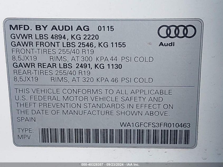 2015 Audi Q3 2.0T Premium Plus VIN: WA1GFCFS3FR010463 Lot: 40328357