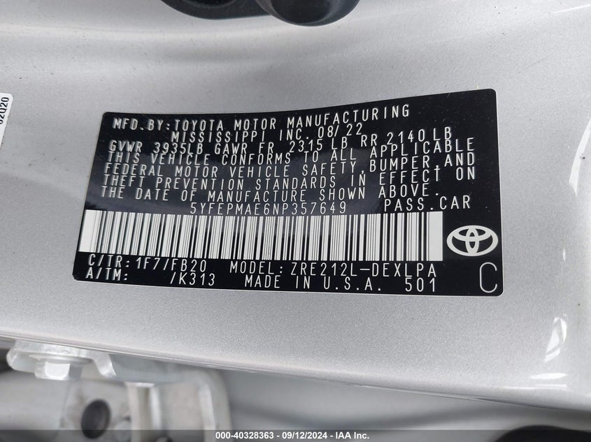 2022 TOYOTA COROLLA LE - 5YFEPMAE6NP357649