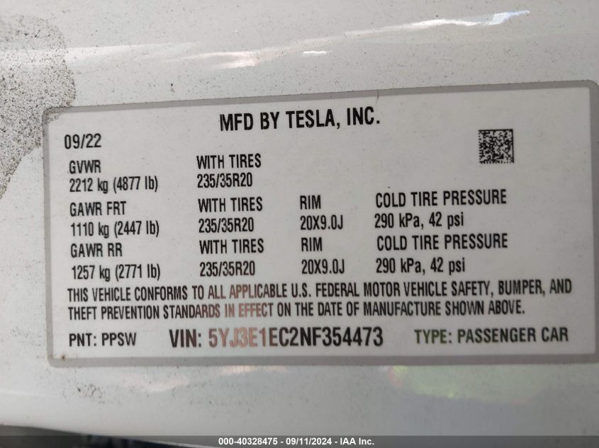 2022 Tesla Model 3 Performance Dual Motor All-Wheel Drive VIN: 5YJ3E1EC2NF354473 Lot: 40328475