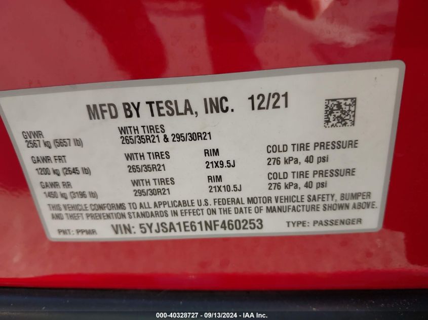 2022 Tesla Model S VIN: 5YJSA1E61NF460253 Lot: 40328727