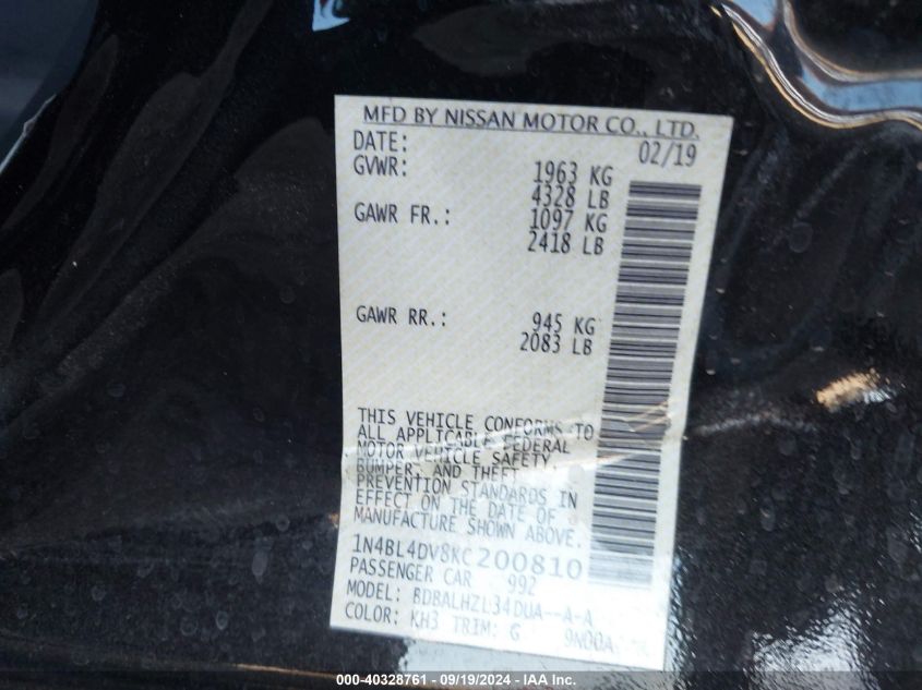 2019 Nissan Altima 2.5 Sv VIN: 1N4BL4DV8KC200810 Lot: 40328761