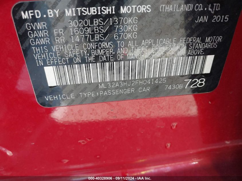 2015 Mitsubishi Mirage De/Rf VIN: ML32A3HJ2FH041425 Lot: 40328906