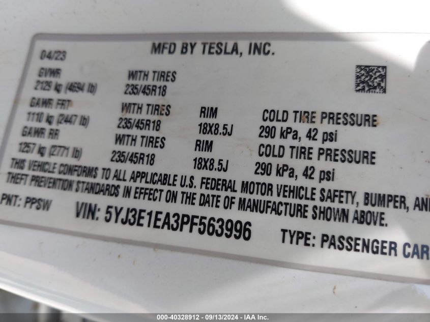 2023 Tesla Model 3 Rear-Wheel Drive VIN: 5YJ3E1EA3PF563996 Lot: 40328912