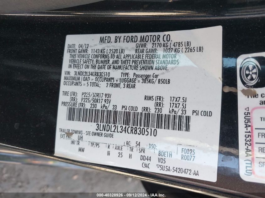 2012 Lincoln Mkz Hybrid Hybrid VIN: 3LNDL2L34CR830510 Lot: 40328926