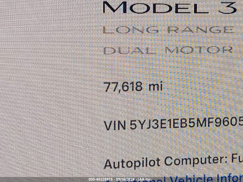 2021 Tesla Model 3 Long Range Dual Motor All-Wheel Drive VIN: 5YJ3E1EB5MF960596 Lot: 40328975