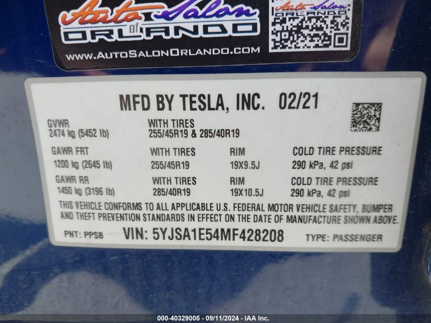 2021 Tesla Model S Long Range Dual Motor All-Wheel Drive VIN: 5YJSA1E54MF428208 Lot: 40329005