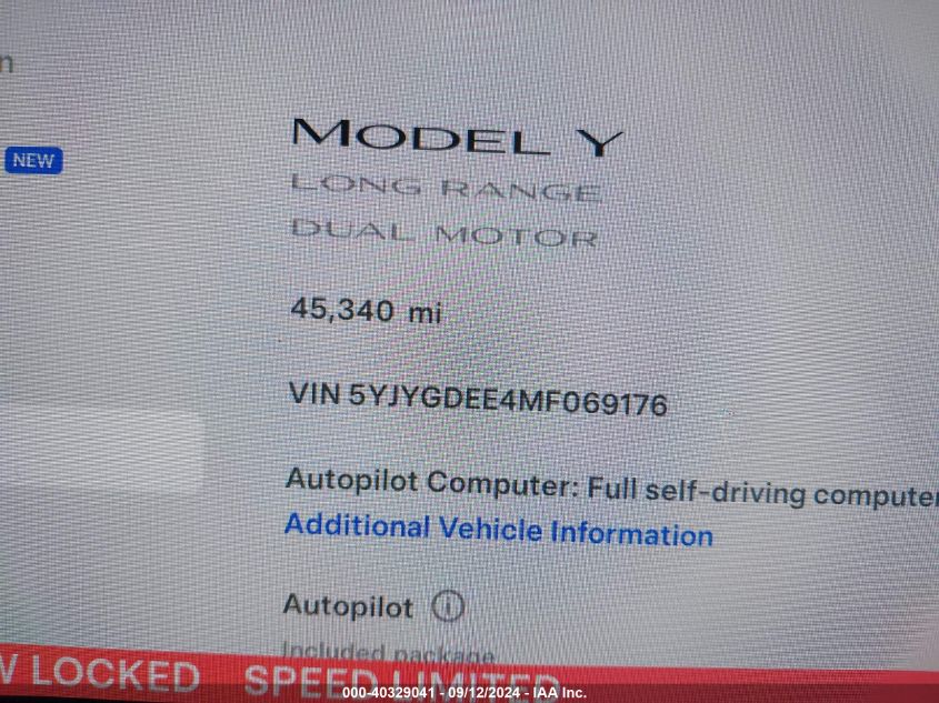 2021 Tesla Model Y Long Range Dual Motor All-Wheel Drive VIN: 5YJYGDEE4MF069176 Lot: 40329041