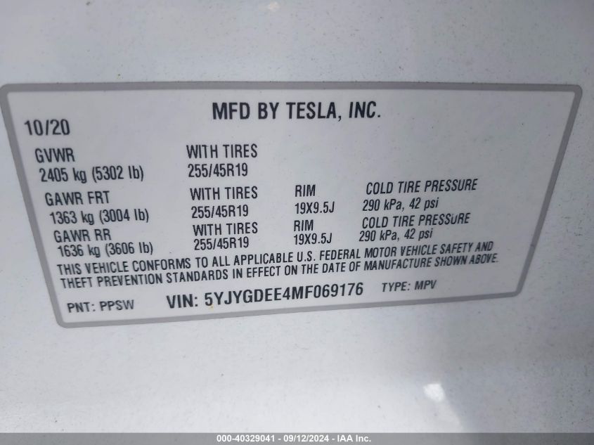 2021 Tesla Model Y Long Range Dual Motor All-Wheel Drive VIN: 5YJYGDEE4MF069176 Lot: 40329041