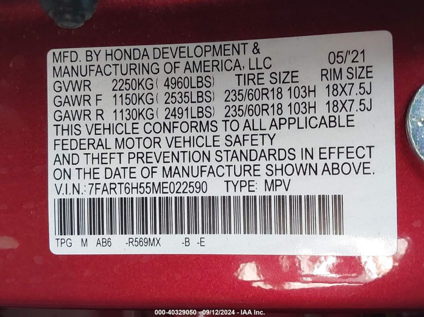 2021 Honda Cr-V Hybrid Ex VIN: 7FART6H55ME022590 Lot: 40329050