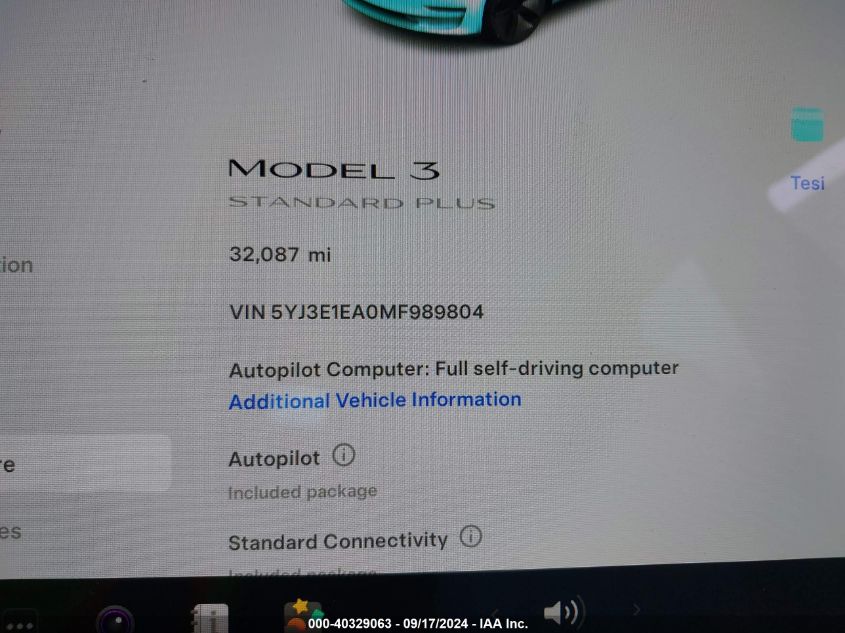 2021 Tesla Model 3 Standard Range Plus Rear-Wheel Drive VIN: 5YJ3E1EA0MF989804 Lot: 40329063