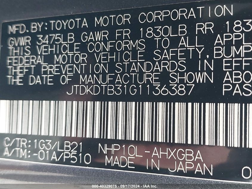 JTDKDTB31G1136387 2016 Toyota Prius C Four