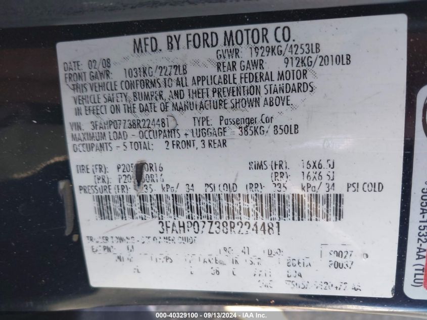 2008 Ford Fusion Se VIN: 3FAHP07Z38R224481 Lot: 40329100