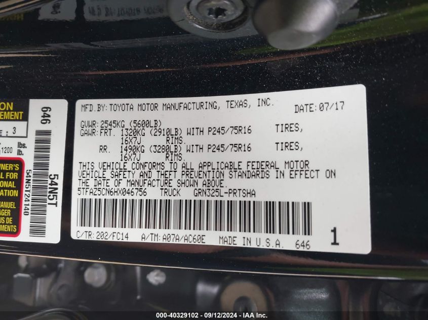 5TFAZ5CN6HX046756 2017 Toyota Tacoma Sr5 V6