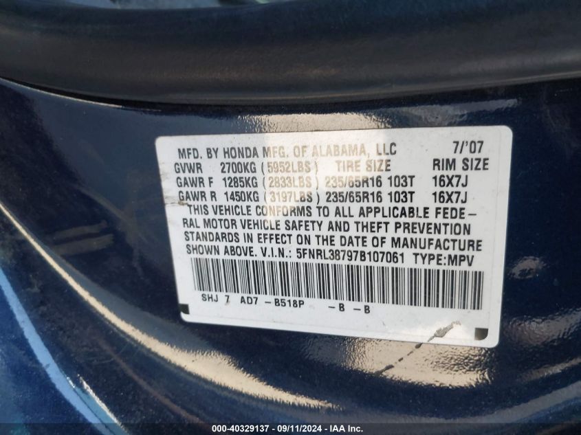 2007 Honda Odyssey Ex-L VIN: 5FNRL38797B107061 Lot: 40329137