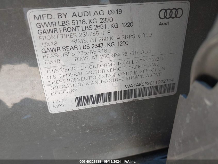 2020 Audi Q3 Premium VIN: WA1AECF38L1022314 Lot: 40329138